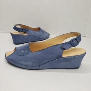La Plume Wedge Sandals Womens 10.5 US 41 EU Blue Suede Dressy Heels Slingback